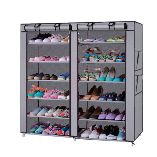 6-Row 2-Line 12 Lattices Non-woven Fabric Shoe Rack Gray