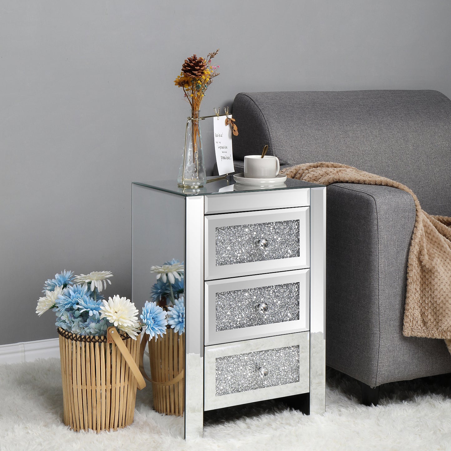 Silver MDF Mirror Surface Broken Glass 40*30*60cm Three Drawers Bedside Table