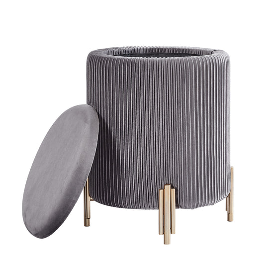 Large Storage Ottoman Velvet Round Footrest Footstool Modern Upholstered Padded Pouffe Vanity Stool with Gold Plating Leg for Bedroom Living Room Grey