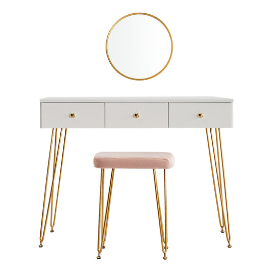 White Dressing Table Bedroom Vanity Table Chair Set with Cushioned Stool Wall Mount Mirror 3 Drawers Gold Hairpin Legs Makeup Table