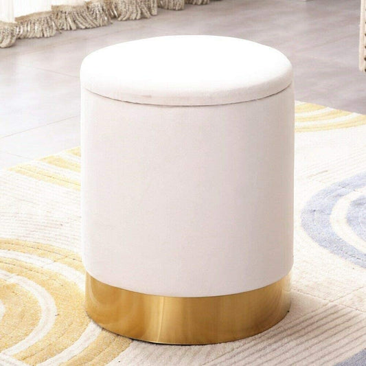 Round Storage Ottoman Velvet Upholstered Footrest Dressing Stool, Padded Vanity Stool with Golden Metal Trim Removable Lid Change Shoe Footrest for Bedroom Living Room