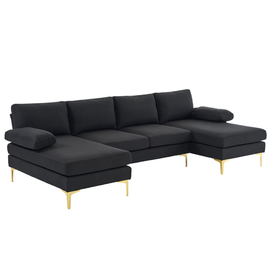 280*130*85 U-Shaped 4-Seat Linen Seat Frame Wooden Frame Back Iron Frame Golden Feet Indoor Modular Sofa Black