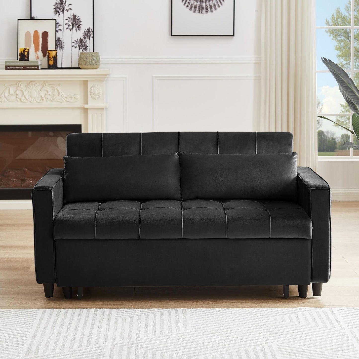 Black, Modern Velvet Recliner Sofa with Pullout Bed, Converts to Sofa Bed, Side Coffee Table, Adjustable Backrest, 2 Lumbar Pillows