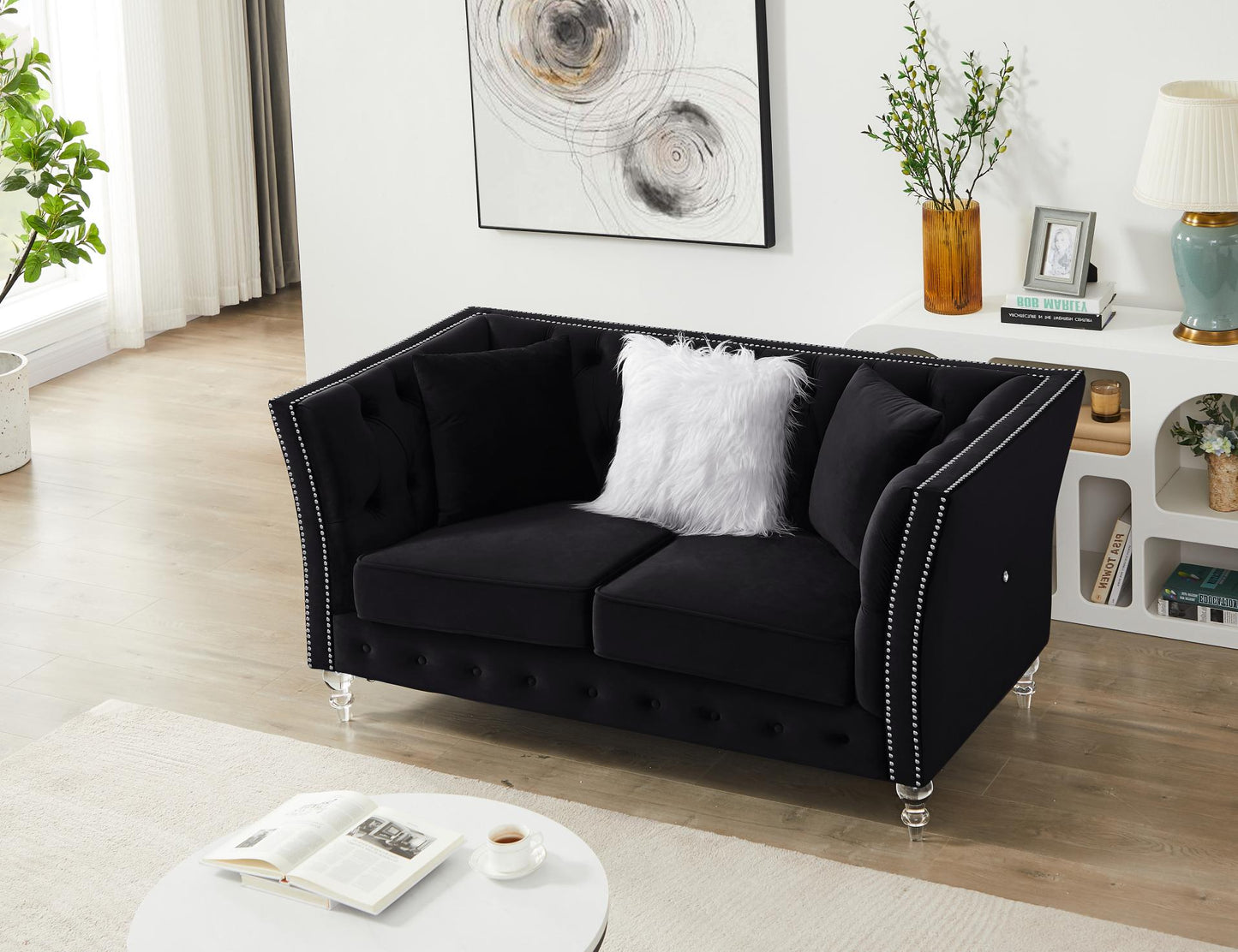 Black, Velvet, Two-Seater Sofa, Acrylic Feet, Cushion Combination Lounge Sofa, Deep Tufted Button Luxury Sofa for Living Room