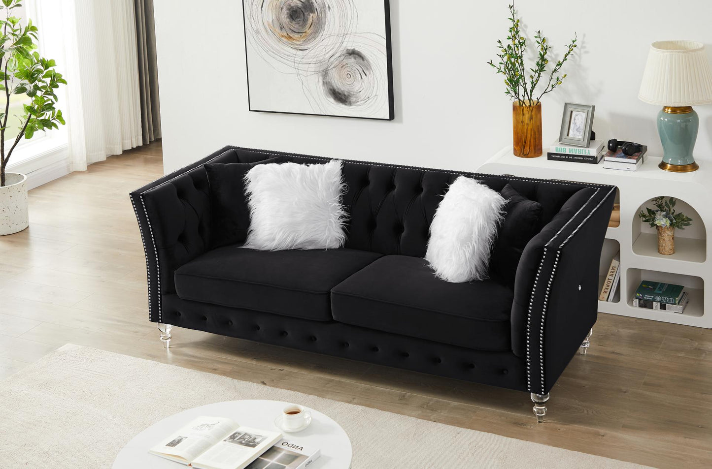 Black, Velvet, Three-Seater Sofa, Acrylic Feet, Cushion Combination Lounge Sofa, Deep Tufted Button Luxury Sofa for Living Room