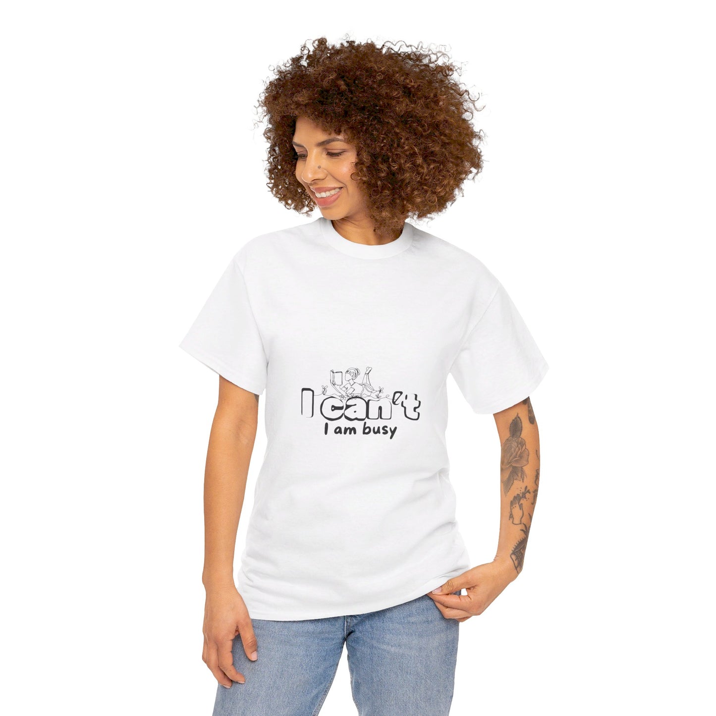 Unisex Heavy Cotton Tee I can't I am Busy-Busy girl reading a book-relaxing