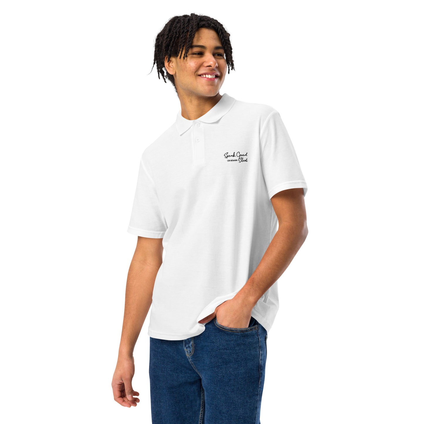 Unisex pique polo shirt-Speak Good or Remain Silent white