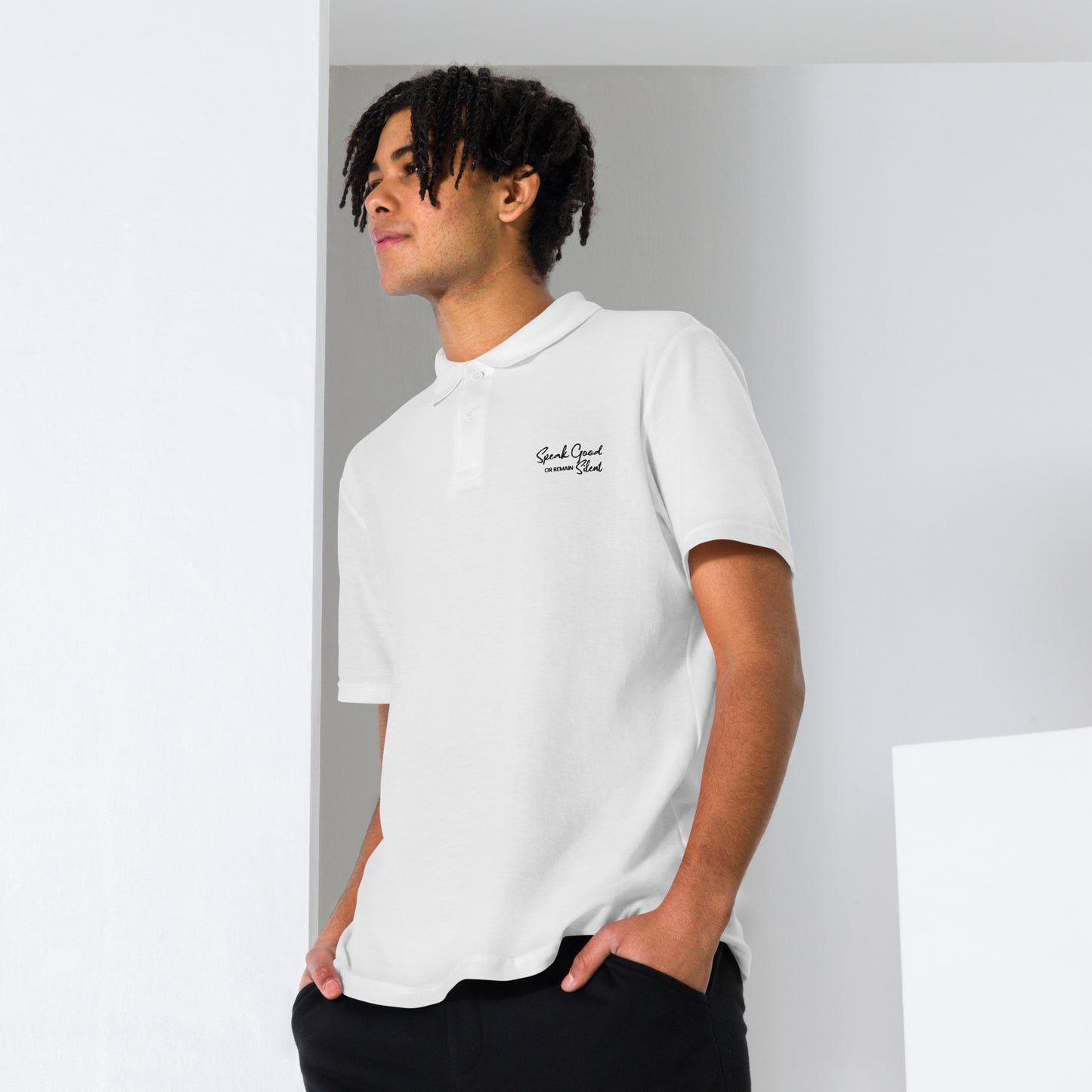 Unisex pique polo shirt-Speak Good or Remain Silent white