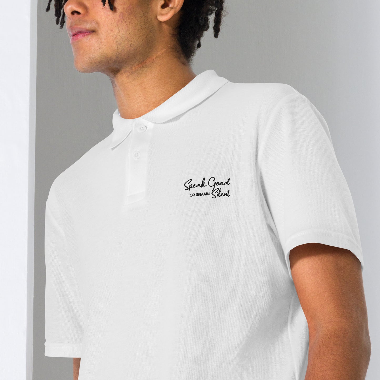 Unisex pique polo shirt-Speak Good or Remain Silent white