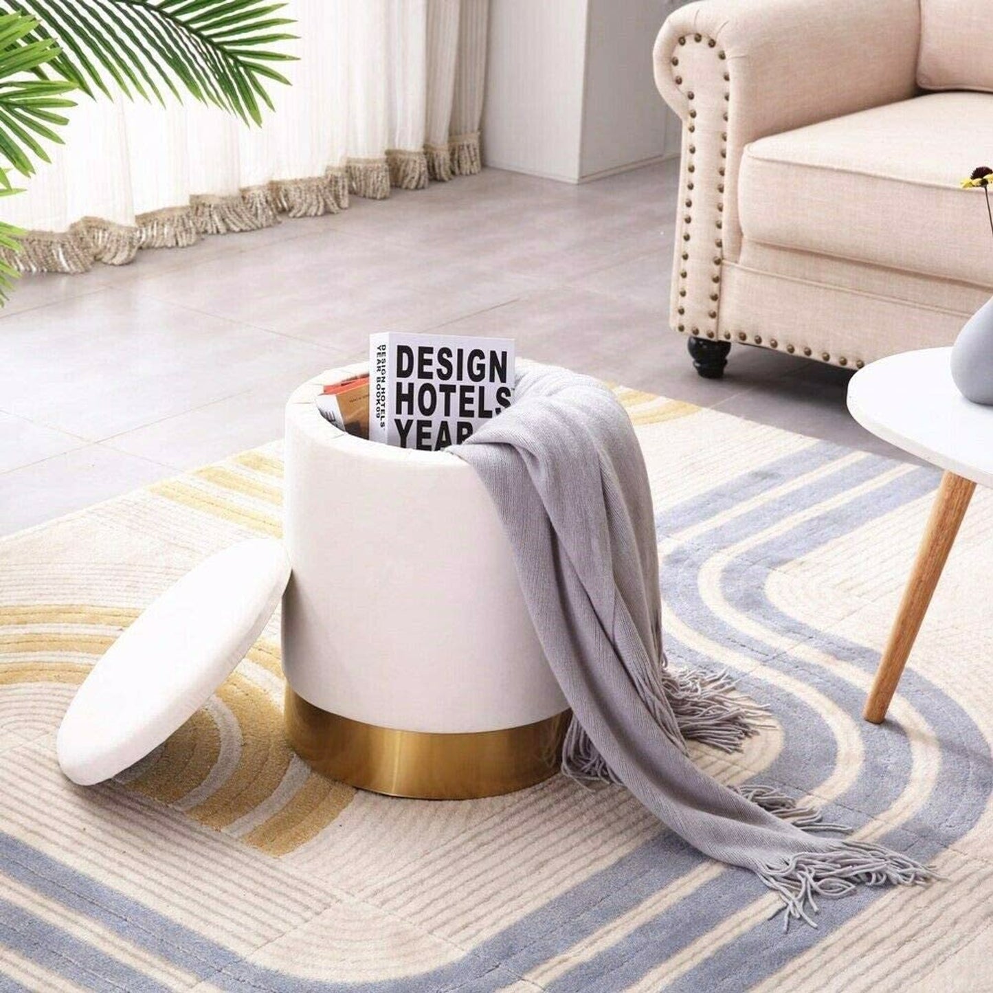 Round Storage Ottoman Velvet Upholstered Footrest Dressing Stool, Padded Vanity Stool with Golden Metal Trim Removable Lid Change Shoe Footrest for Bedroom Living Room