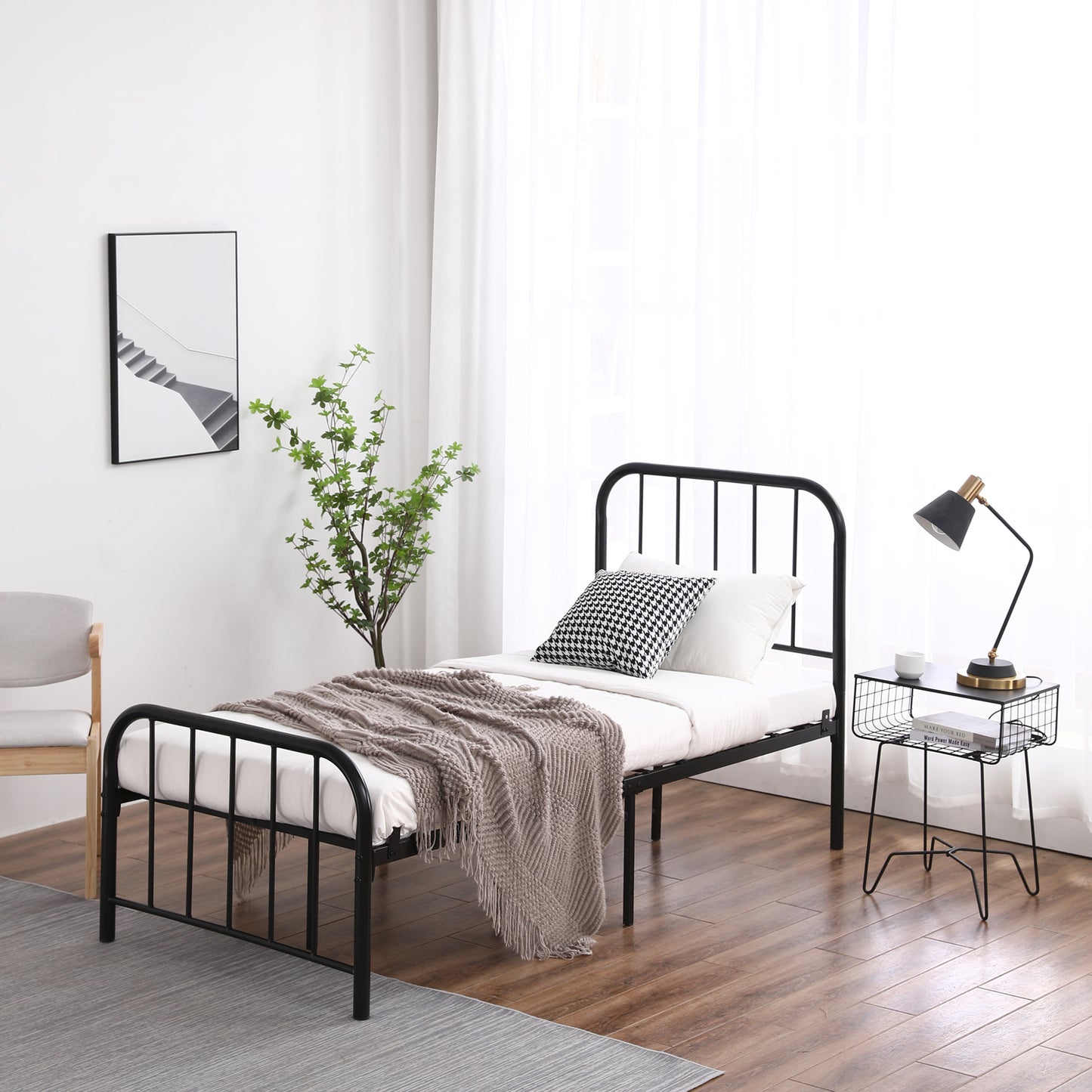 Single Layer Round Tube Arc Frame Vertical Strip with Bed Foot 3ft Iron Bed  Black