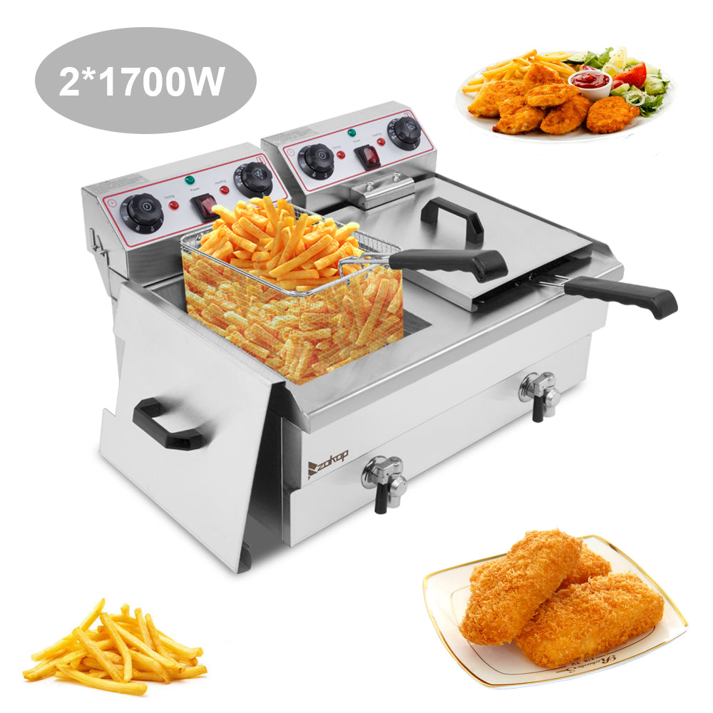 EH102V 220V-240V Total Capacity 24.9QT/23.6L Stainless Steel Faucet Double Tank Deep Fryer 6000W MAX (Big Blue/Large Handle)