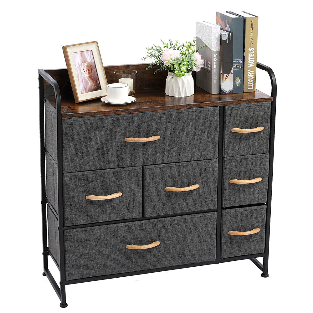 Drawer Dresser(Gray) Dresser Organizer with 7 Drawers, Fabric Dresser Storage Tower for Bedroom, Hallway, Entryway, Closets, Sturdy Steel Frame, Wood Top & Handles