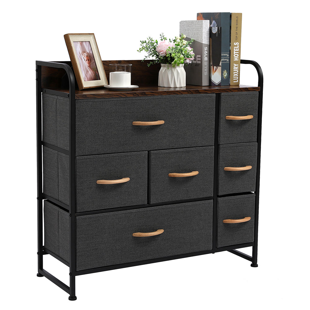 Drawer Dresser(Gray) Dresser Organizer with 7 Drawers, Fabric Dresser Storage Tower for Bedroom, Hallway, Entryway, Closets, Sturdy Steel Frame, Wood Top & Handles