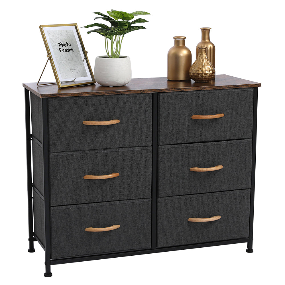 3-Tier Wide Dresser, Storage Unit with 6 Easy Pull Fabric Drawers, Metal Frame, and Wooden Tabletop, for Closet, Nursery, Hallway，Gray