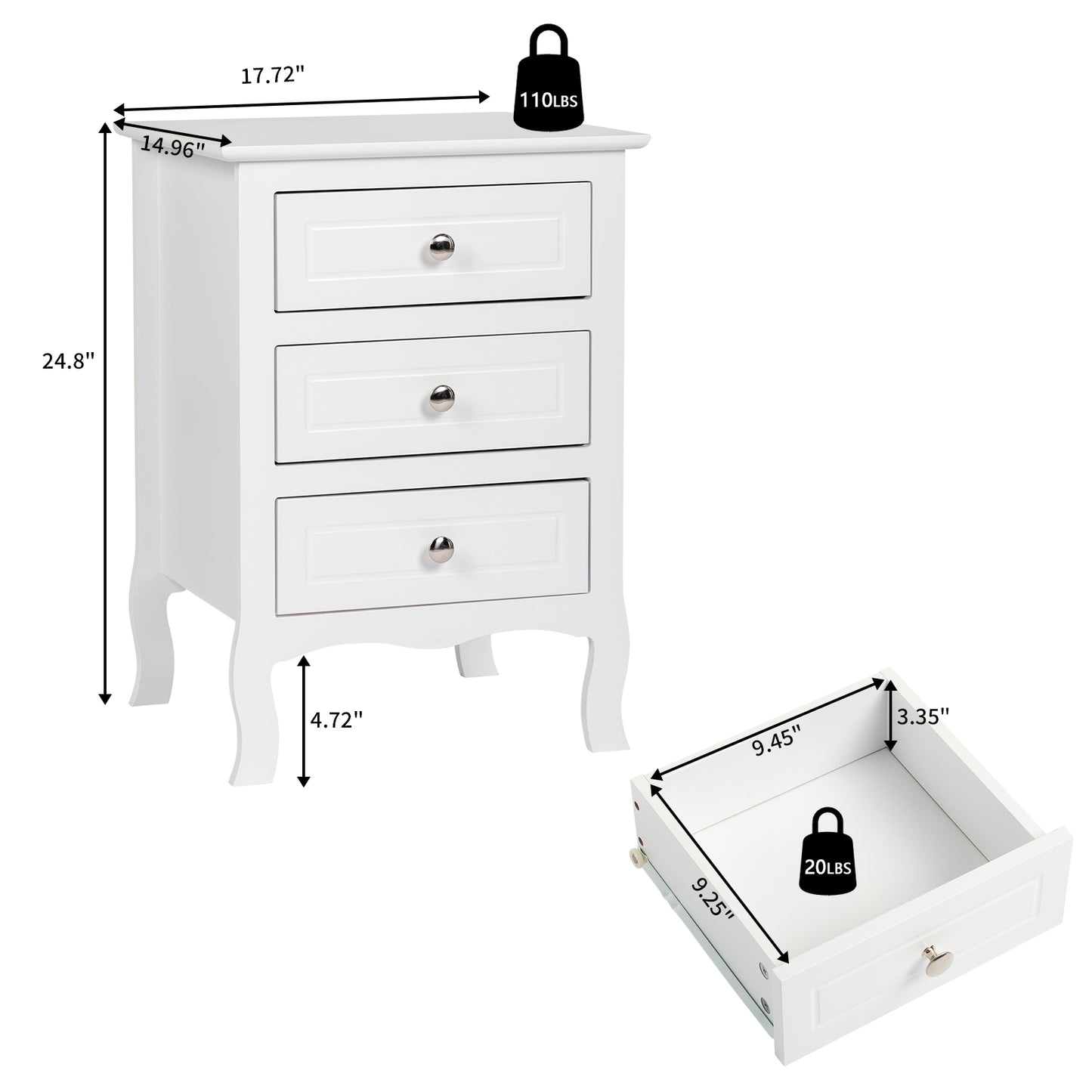 45*38*63cm Country Style Three Drawer Night Table Large Size White