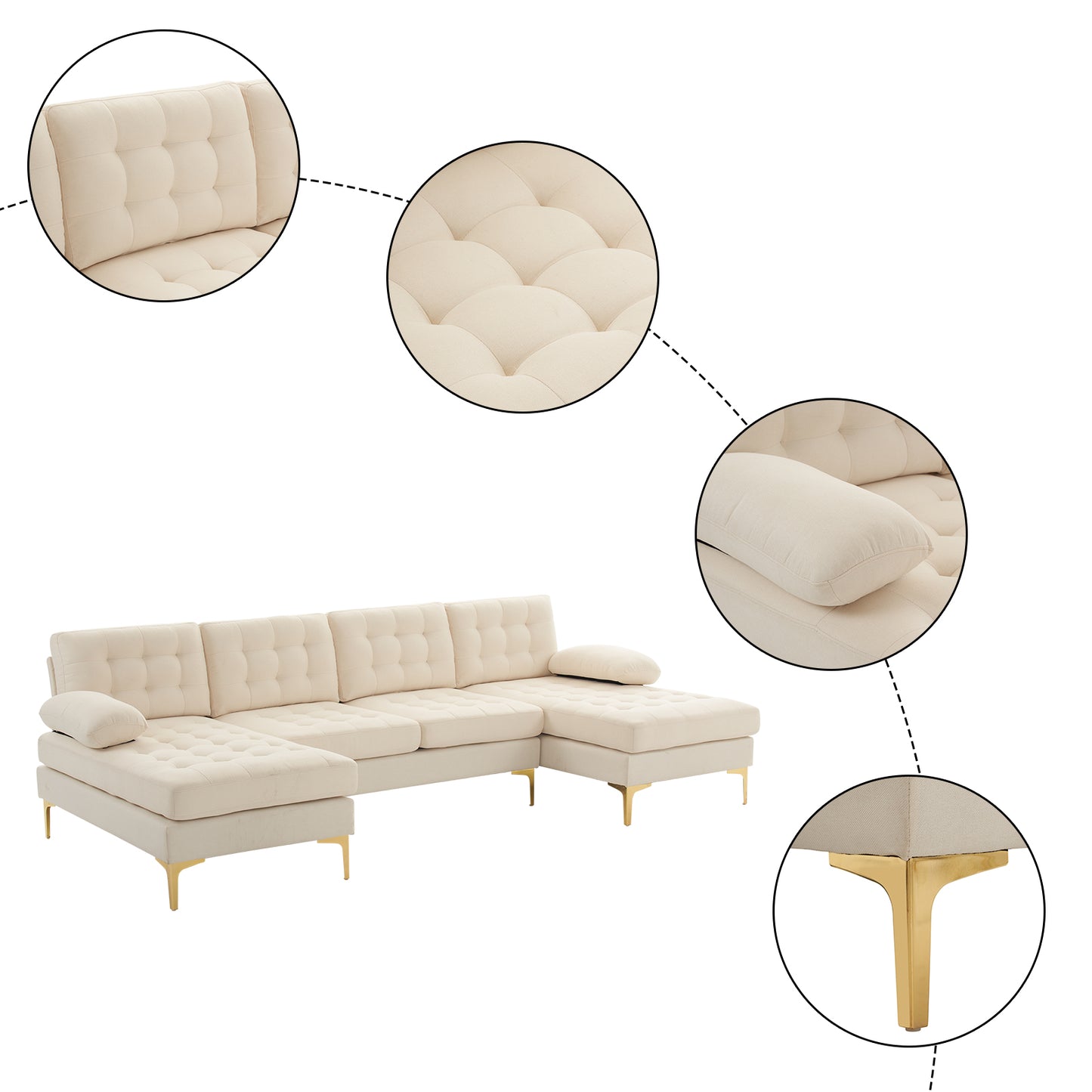 U-shaped Soft-Covered Armrest Backrest Seat Pull Point Wooden Frame Iron Frame Golden Feet Indoor Sectional Sofa Beige