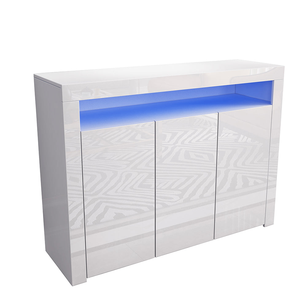 130cm White High Gloss 3 Doors Sideboard Buffet Cabinet Cupboard & RGB Light