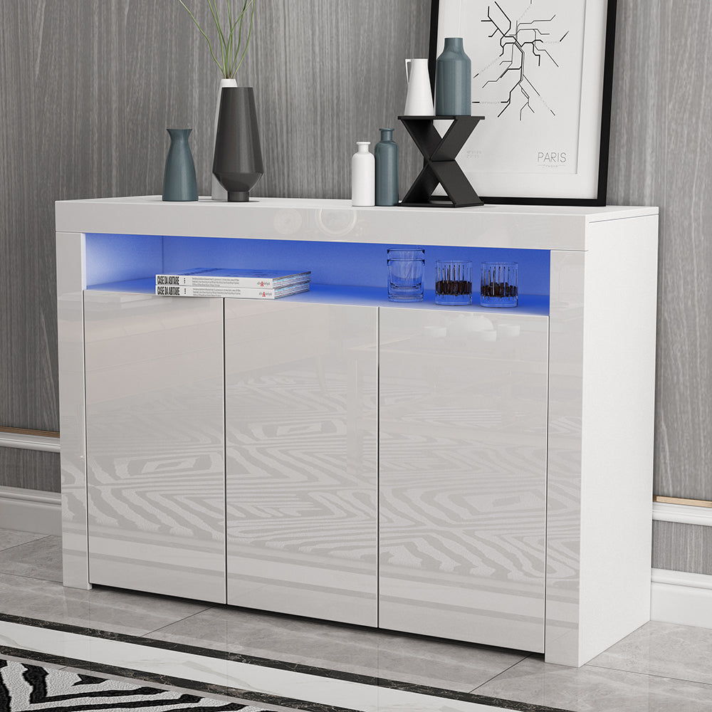 130cm White High Gloss 3 Doors Sideboard Buffet Cabinet Cupboard & RGB Light