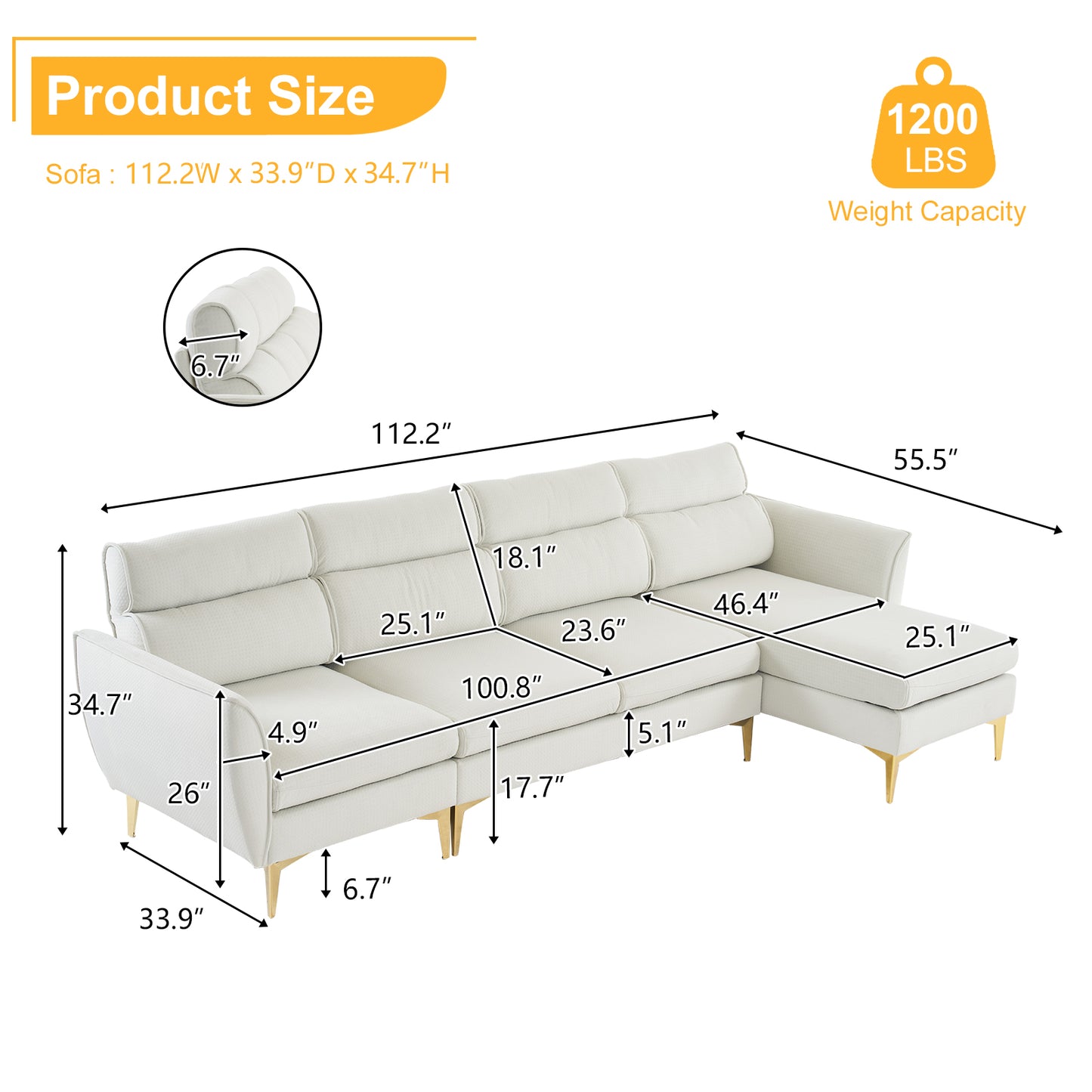 282*142*88cm Pushback Chair Shape Four Seats with Footstool Flannel Diamond Electroplated Gold Triple Leg Indoor Modular Sofa Beige