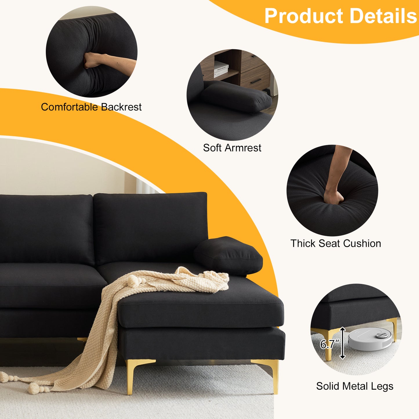 280*130*85 U-Shaped 4-Seat Linen Seat Frame Wooden Frame Back Iron Frame Golden Feet Indoor Modular Sofa Black