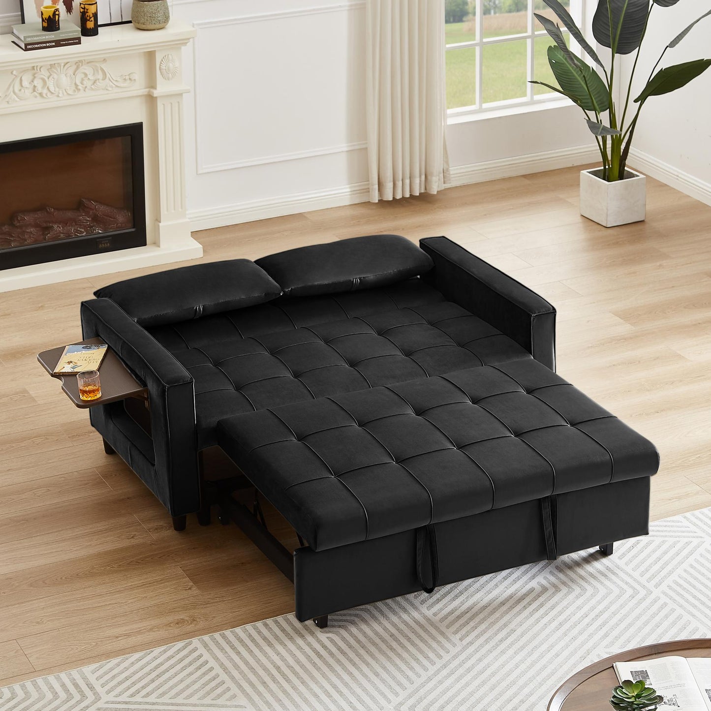 Black, Modern Velvet Recliner Sofa with Pullout Bed, Converts to Sofa Bed, Side Coffee Table, Adjustable Backrest, 2 Lumbar Pillows