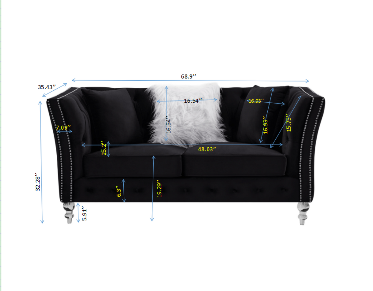 Black, Velvet, Two-Seater Sofa, Acrylic Feet, Cushion Combination Lounge Sofa, Deep Tufted Button Luxury Sofa for Living Room