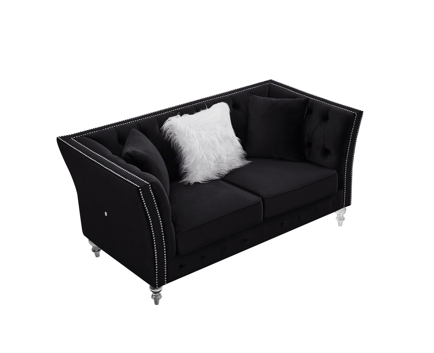 Black, Velvet, Two-Seater Sofa, Acrylic Feet, Cushion Combination Lounge Sofa, Deep Tufted Button Luxury Sofa for Living Room