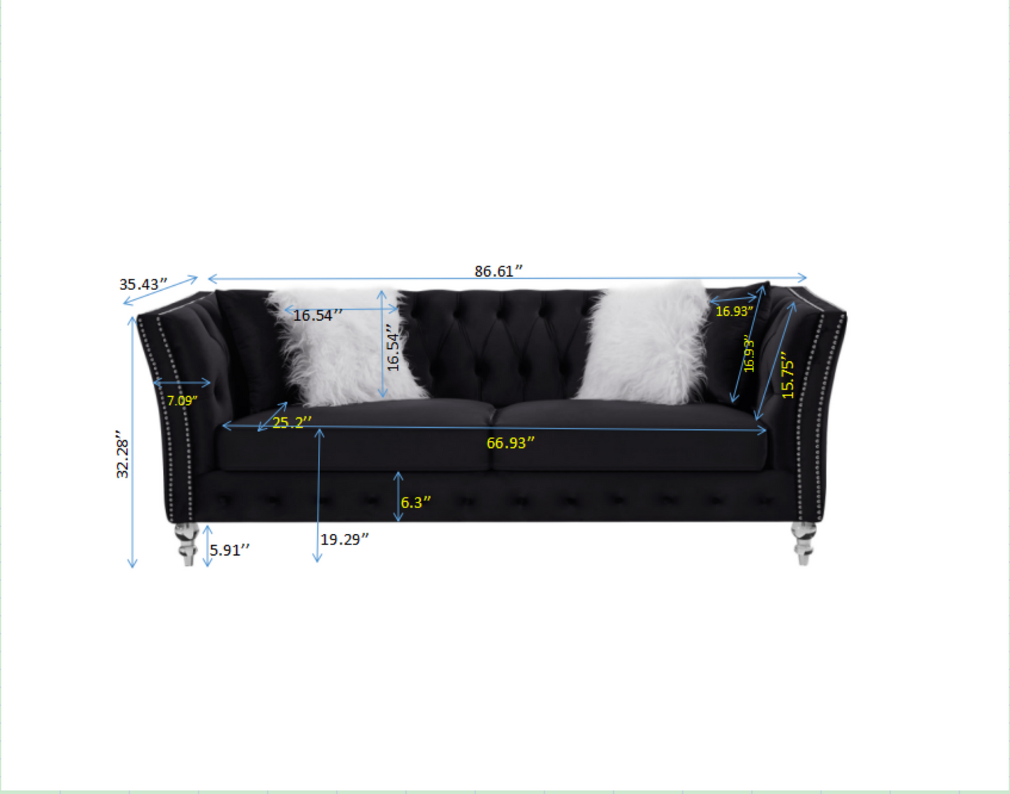 Black, Velvet, Three-Seater Sofa, Acrylic Feet, Cushion Combination Lounge Sofa, Deep Tufted Button Luxury Sofa for Living Room