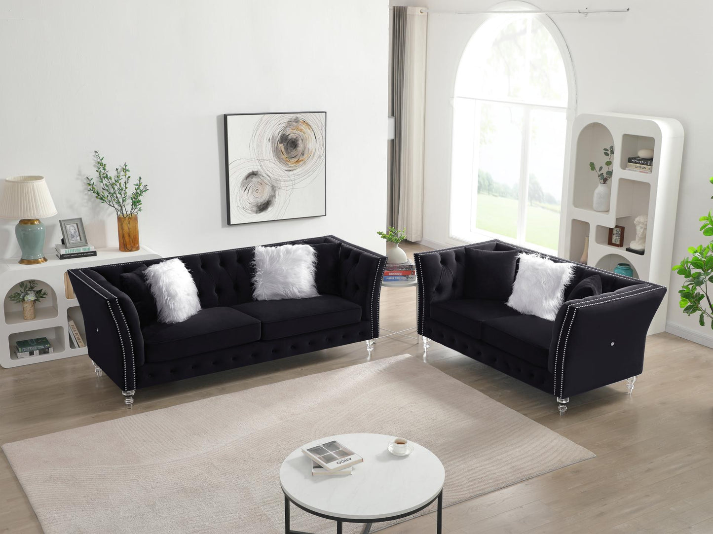 Black, Velvet, 2+3 Seat Sofa Set, Acrylic Feet, Cushion Combination Lounge Sofa, Deep Tufted Button Luxury Sofa for Living Room