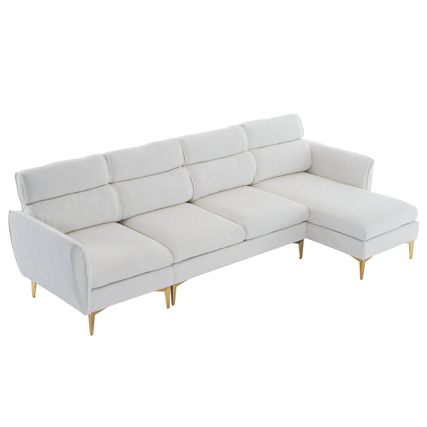 282*142*88cm Pushback Chair Shape Four Seats with Footstool Boucle Yarn Diamond Electroplated Gold Triple Leg Indoor Modular Sofa Beige