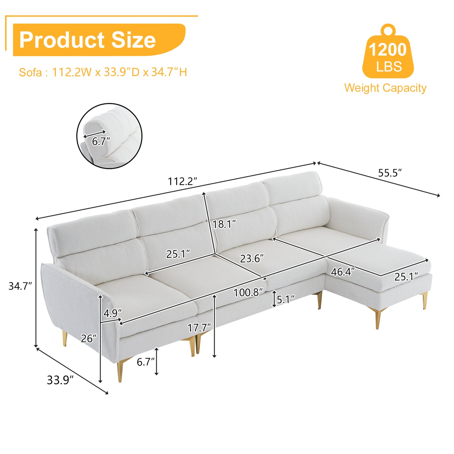 282*142*88cm Pushback Chair Shape Four Seats with Footstool Boucle Yarn Diamond Electroplated Gold Triple Leg Indoor Modular Sofa Beige