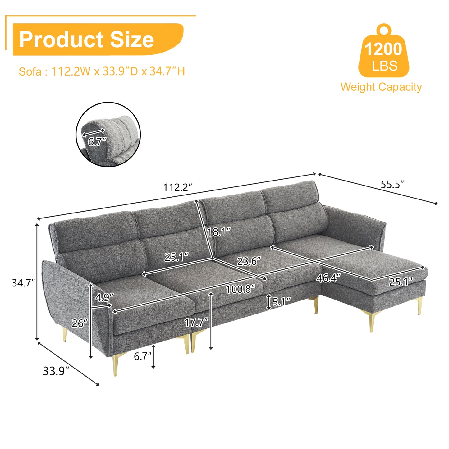 282*142*88cm Pushback Chair Shape Four Seats with Footstool Boucle Yarn Diamond Electroplated Gold Triple Leg Indoor Modular Sofa Light Gray