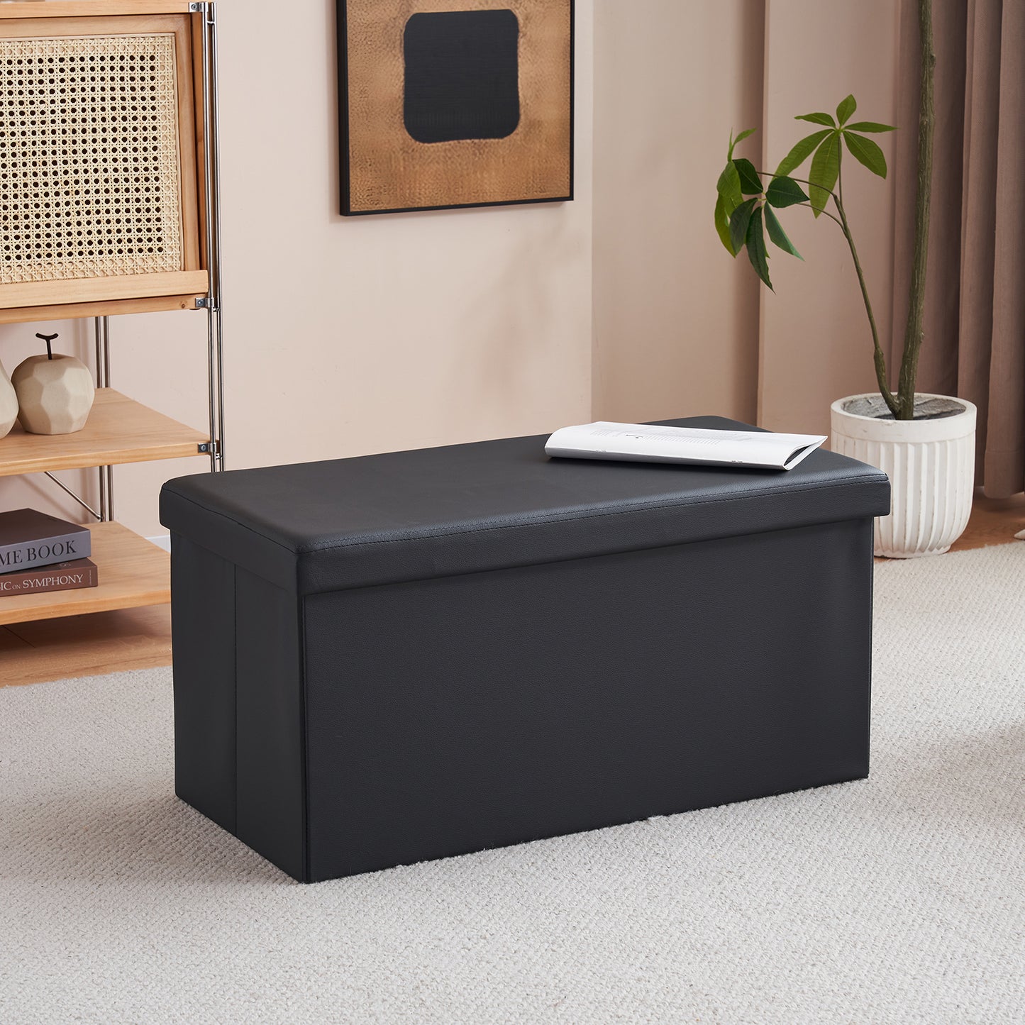 76*38*38cm Glossy PVC MDF Foldable Storage Footstool Black