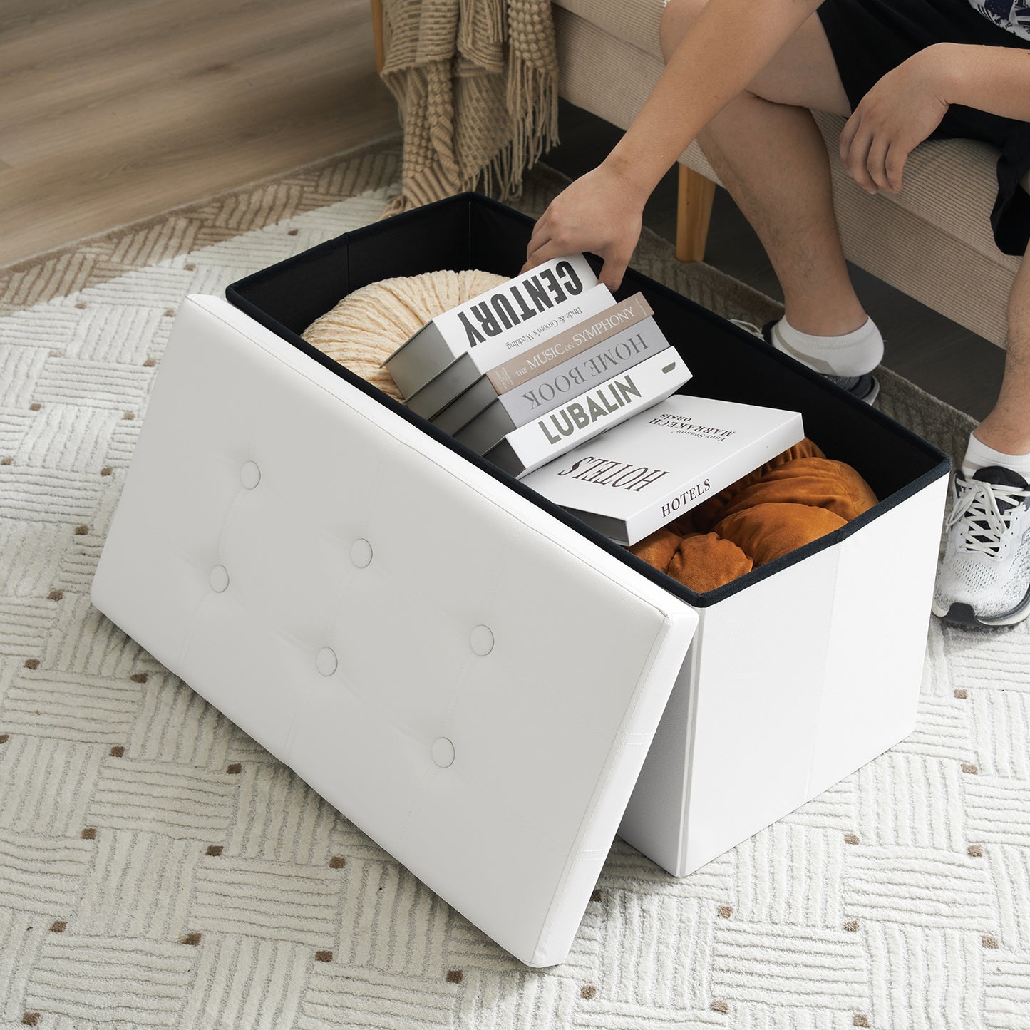 76*38*38cm Glossy Pull Point PVC MDF Foldable Storage Footstool White