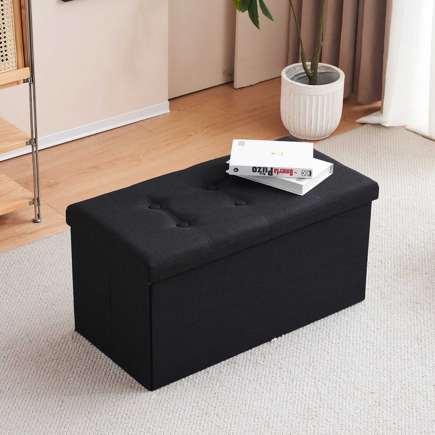 76*38*38cm Pull Point Linen MDF Foldable Storage Footstool Black