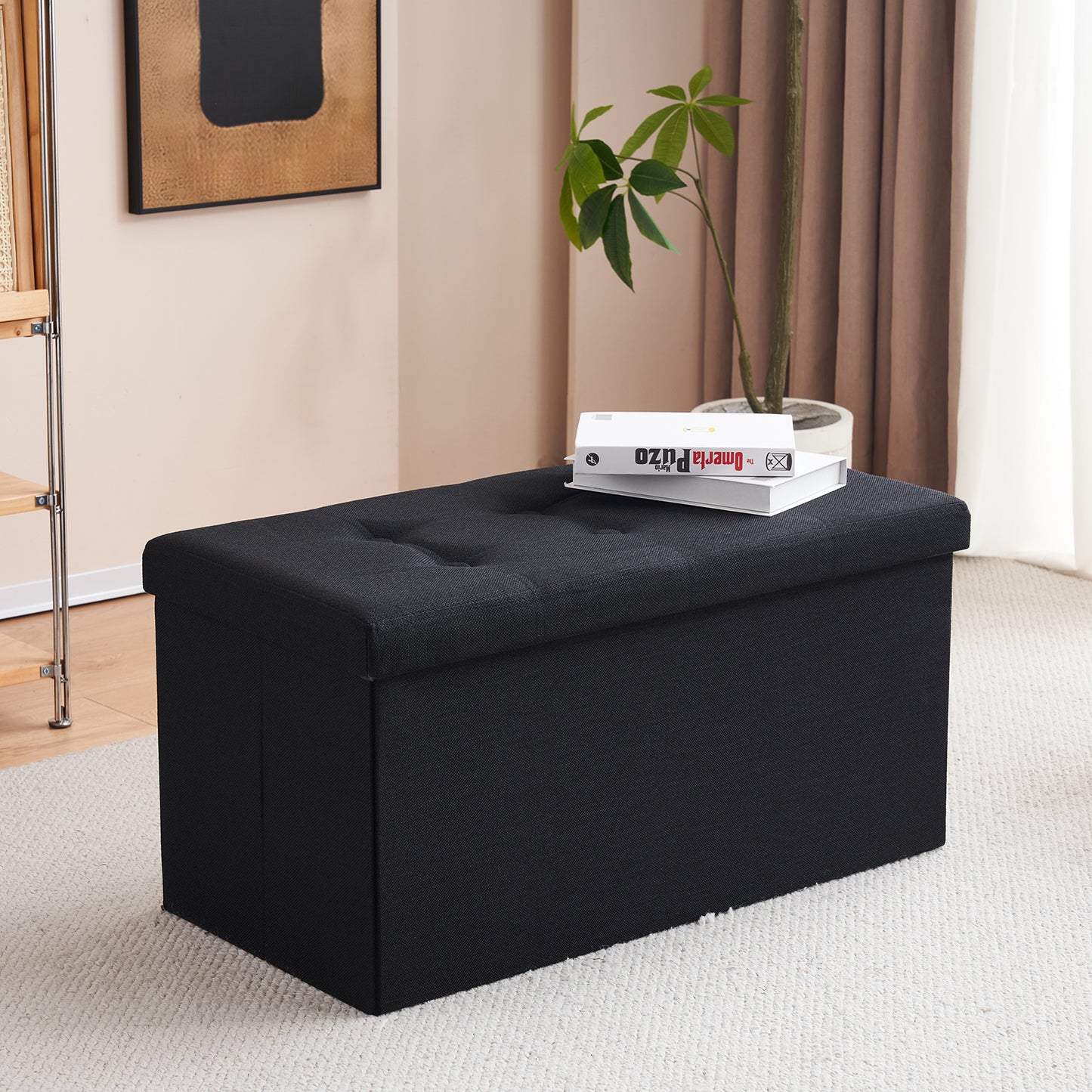 76*38*38cm Pull Point Linen MDF Foldable Storage Footstool Black