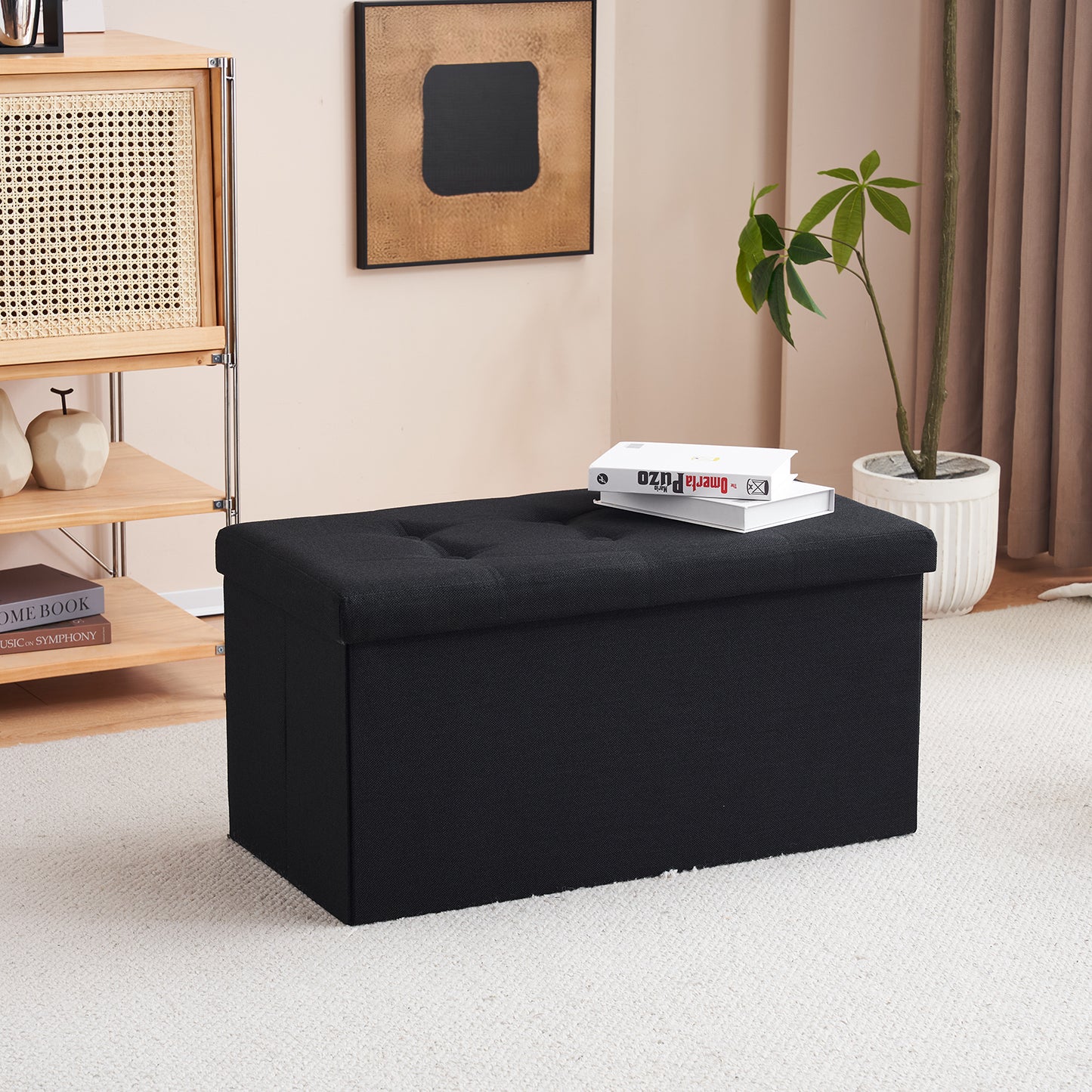 76*38*38cm Pull Point Linen MDF Foldable Storage Footstool Black