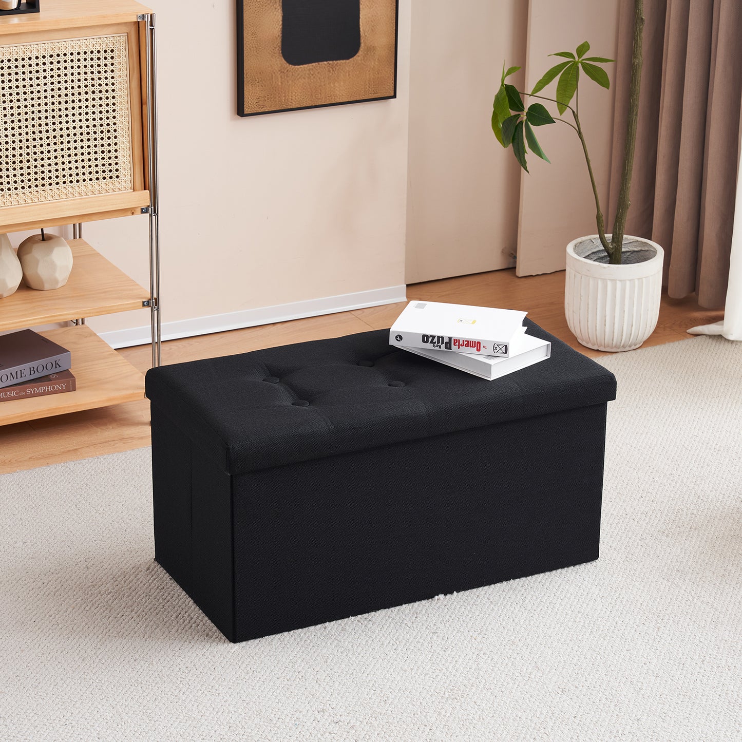 76*38*38cm Pull Point Linen MDF Foldable Storage Footstool Black