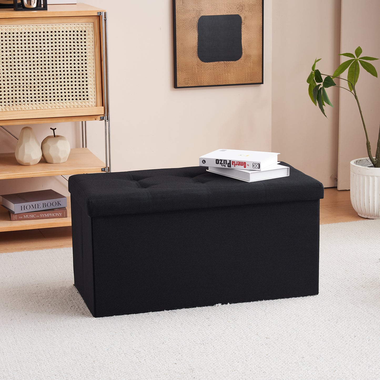 76*38*38cm Pull Point Linen MDF Foldable Storage Footstool Black