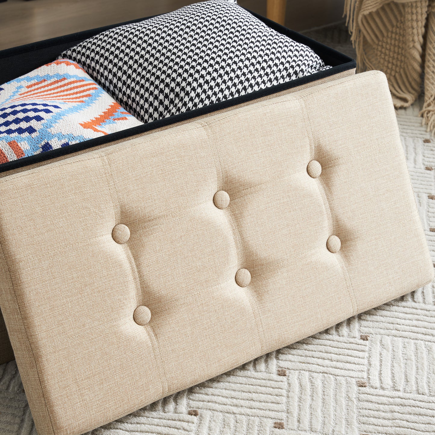 76*38*38cm Pull Point Linen MDF Foldable Storage Footstool Beige