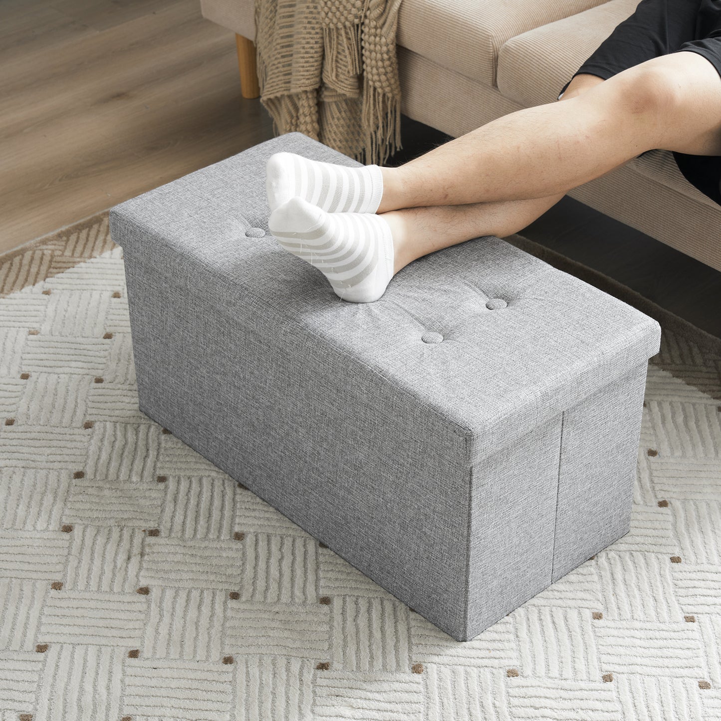 76*38*38cm Pull Point Linen MDF Foldable Storage Footstool  Light Grey