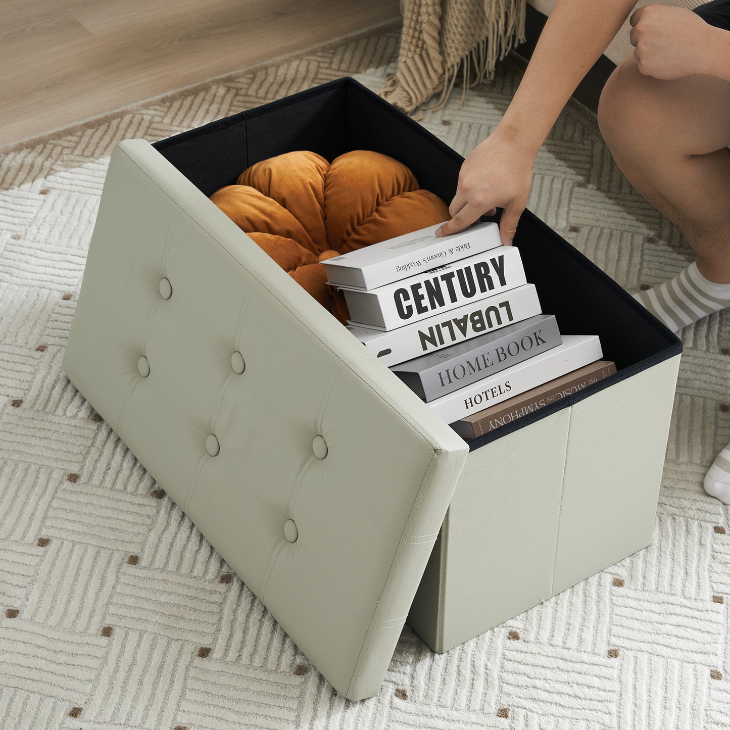 76*38*38cm Glossy Pull Point PVC MDF Foldable Storage Footstool Oak Gray