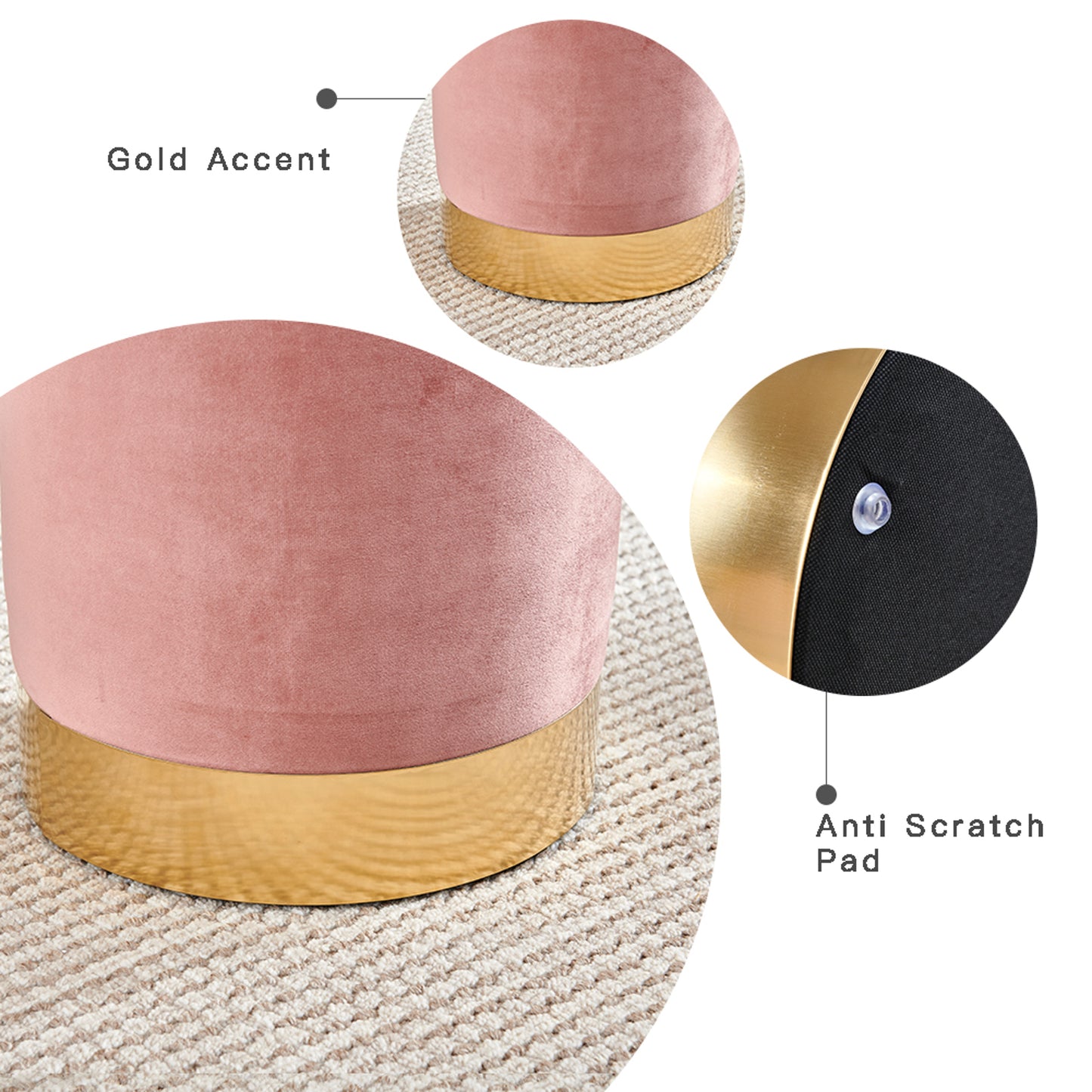 Vanity Ottoman Footstool Velvet Round Vintage Pouffe Stool, Upholstered Dressing Table Stool with Gold Metal Base Change Shoe Footrest for Living Room Bedroom (Pink)