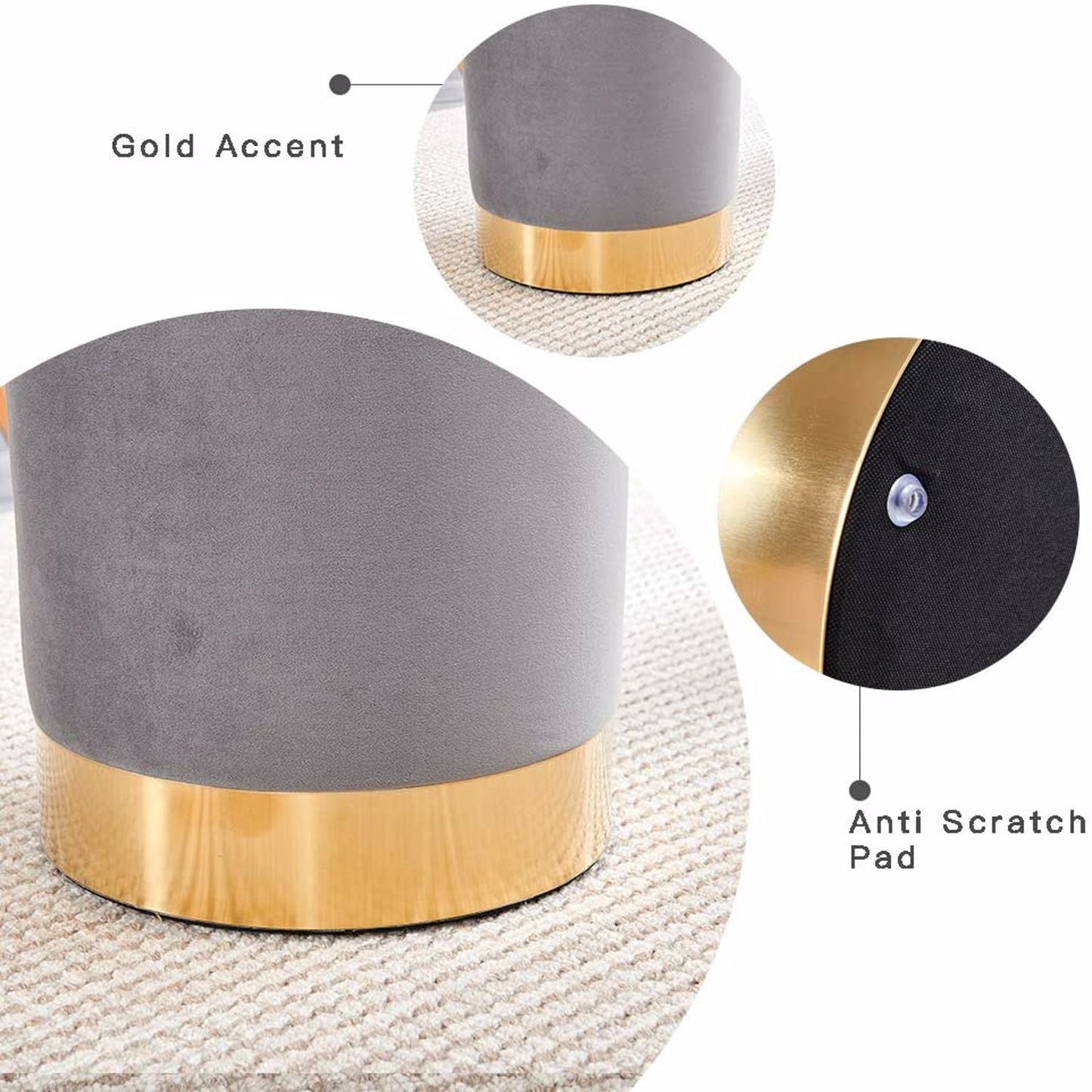 Round Storage Ottoman Velvet Upholstered Footrest Dressing Stool, Padded Vanity Stool with Golden Metal Trim Removable Lid Change Shoe Footrest for Bedroom Living Room Grey