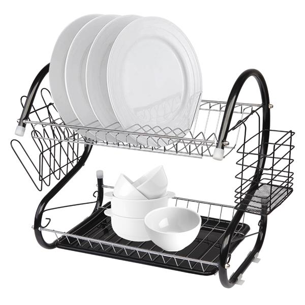 Multifunctional S-shaped Dual Layers Bowls & Dishes & Chopsticks & Spoons Collection Shelf Dish Drai Black