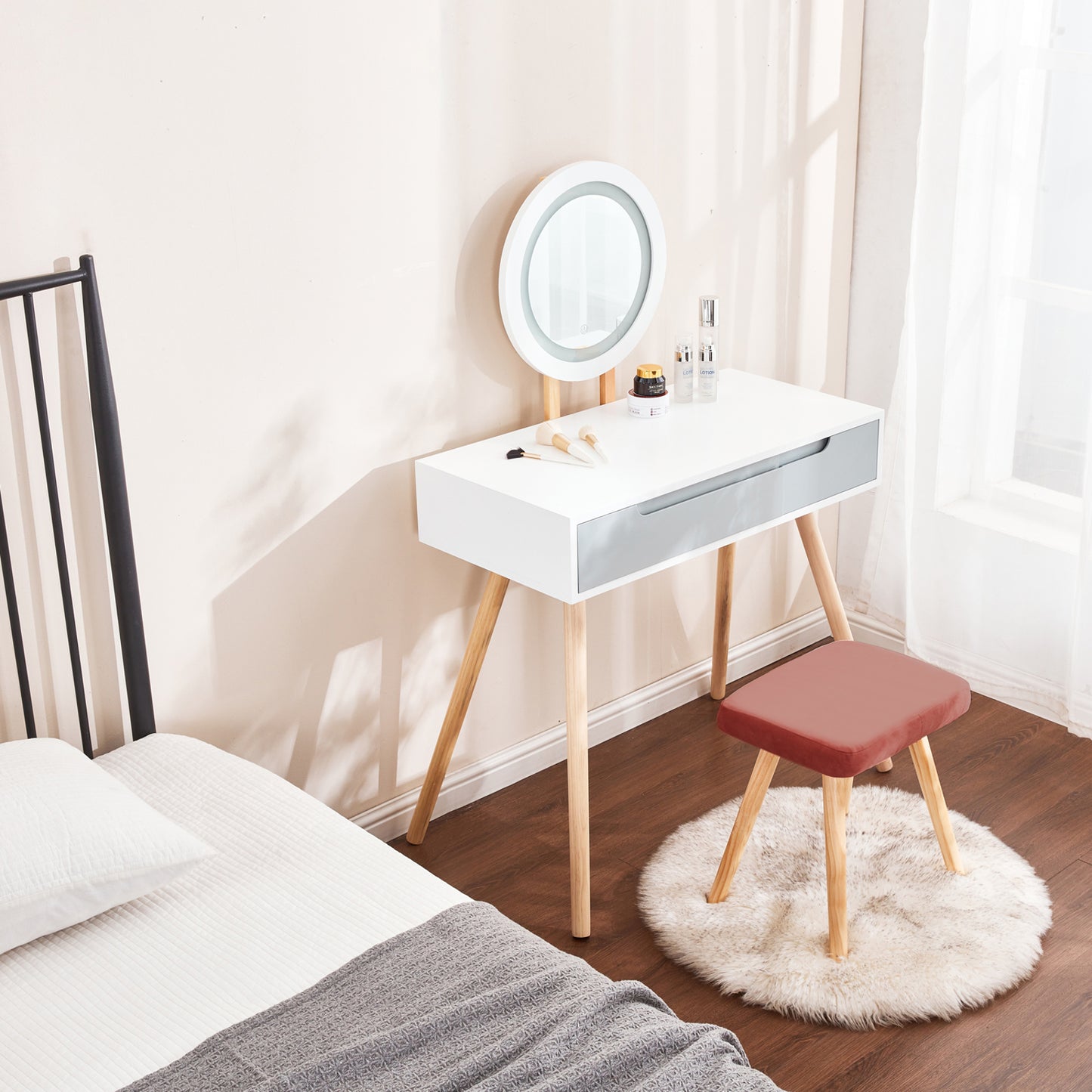 Dressing Table with LED Light Mirror, White Vanity Makeup Table Chair Set with 3 Adjustable Brightness Round Mirror Cushioned Stool and 2 Drawers Bedroom Small Make-up Table