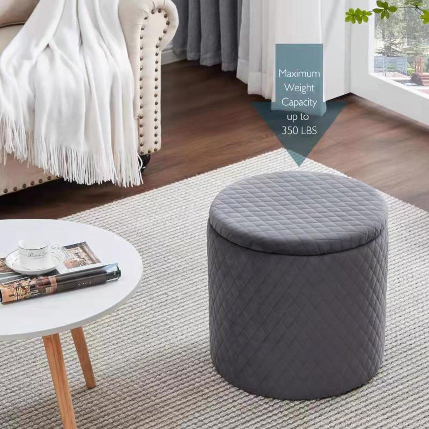 45cm Velvet Round Footstool Storage Ottoman Stool, Oversized Padded Seat Pouffes Vanity Chair with Lattice Design Lids Footrest for Living Room Bedroom (Grey)