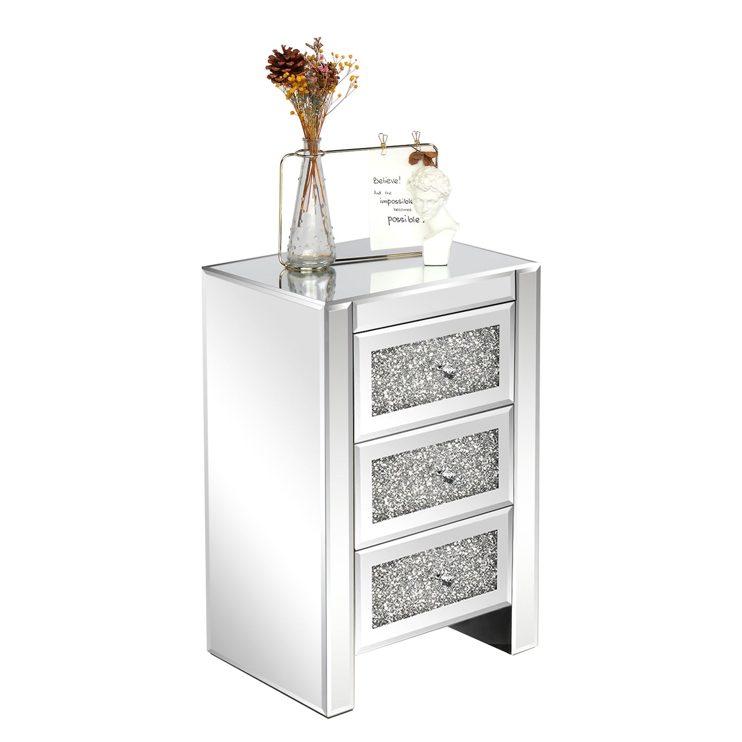 Silver MDF Mirror Surface Broken Glass 40*30*60cm Three Drawers Bedside Table