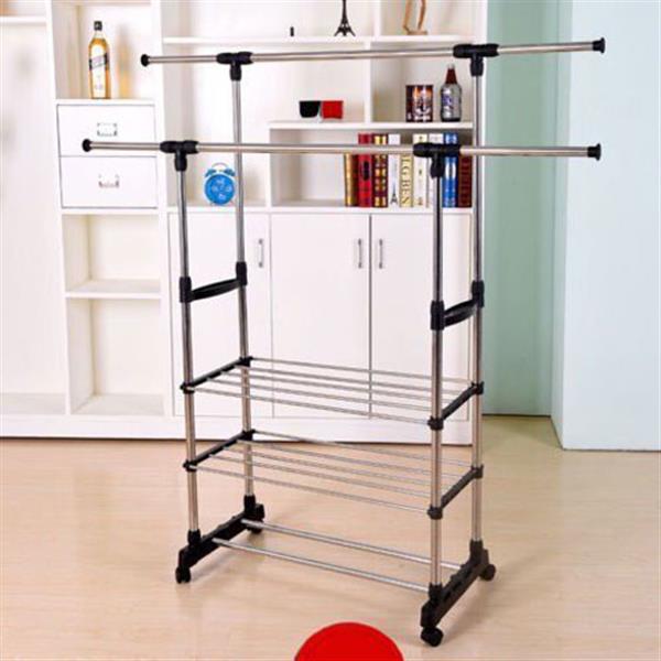 Dual Bars Horizontal & Vertical Telescope Style 3 Tiers Stainless Steel Clothing Garment Shoe Rack B